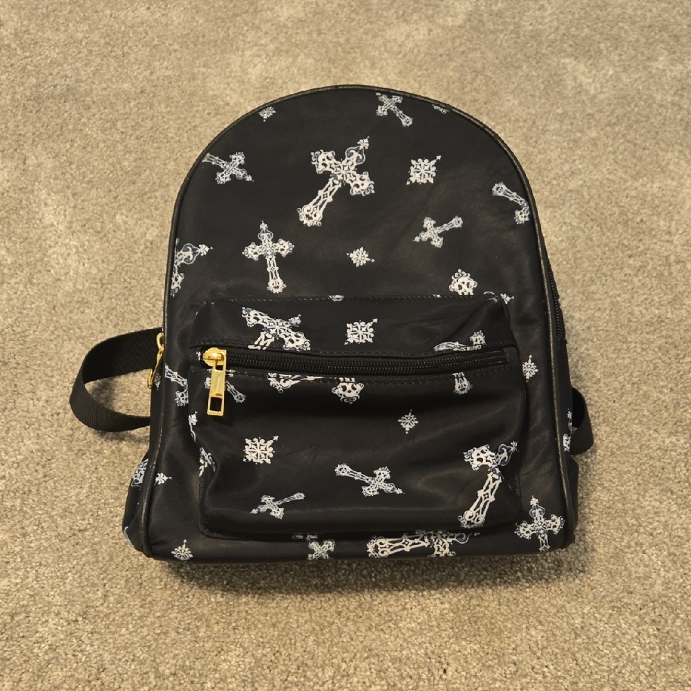 Black Mini Backpack with Cross Pattern And Gold Zippers